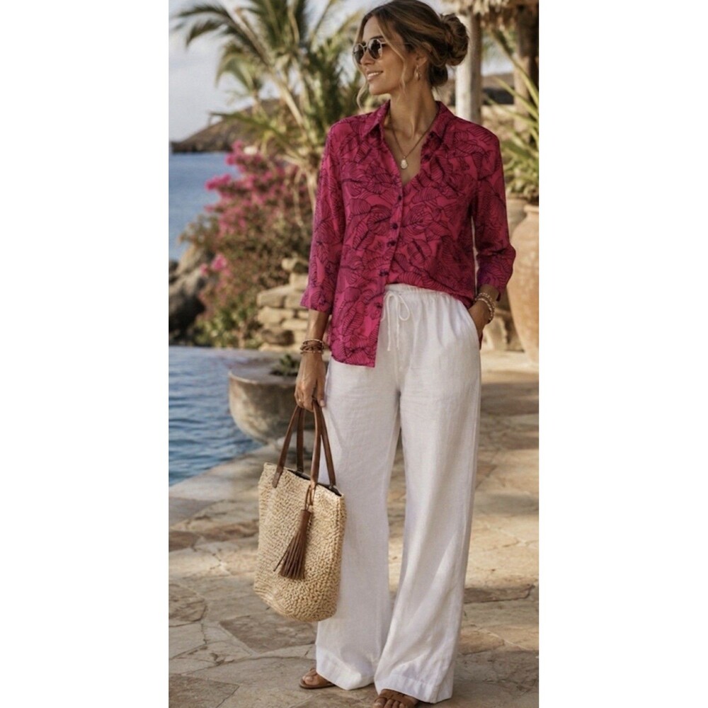 Ali Miles Women’s PM Pink Embroidered Button Up Top Botanical Lagenlook Beachy